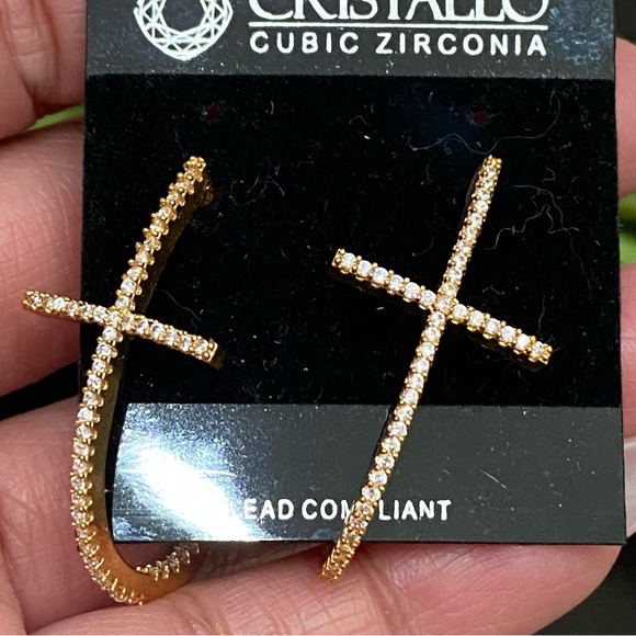 Cristallo Cubic Zirconia Gold tone Cross Post Earrings - Picture 5 of 11